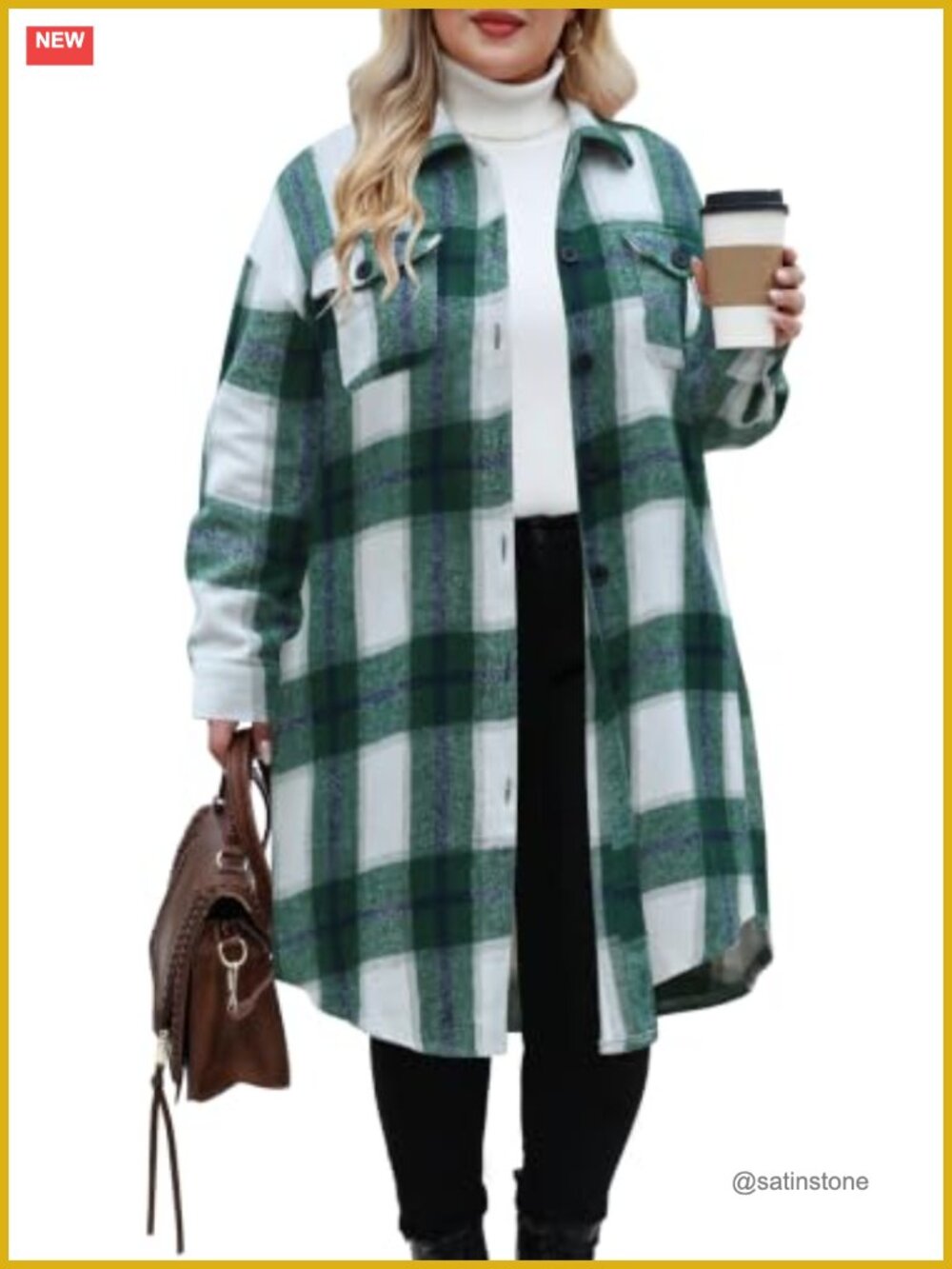 Plus Size Flannel Plaid Button Down Shacket Jacket Coat